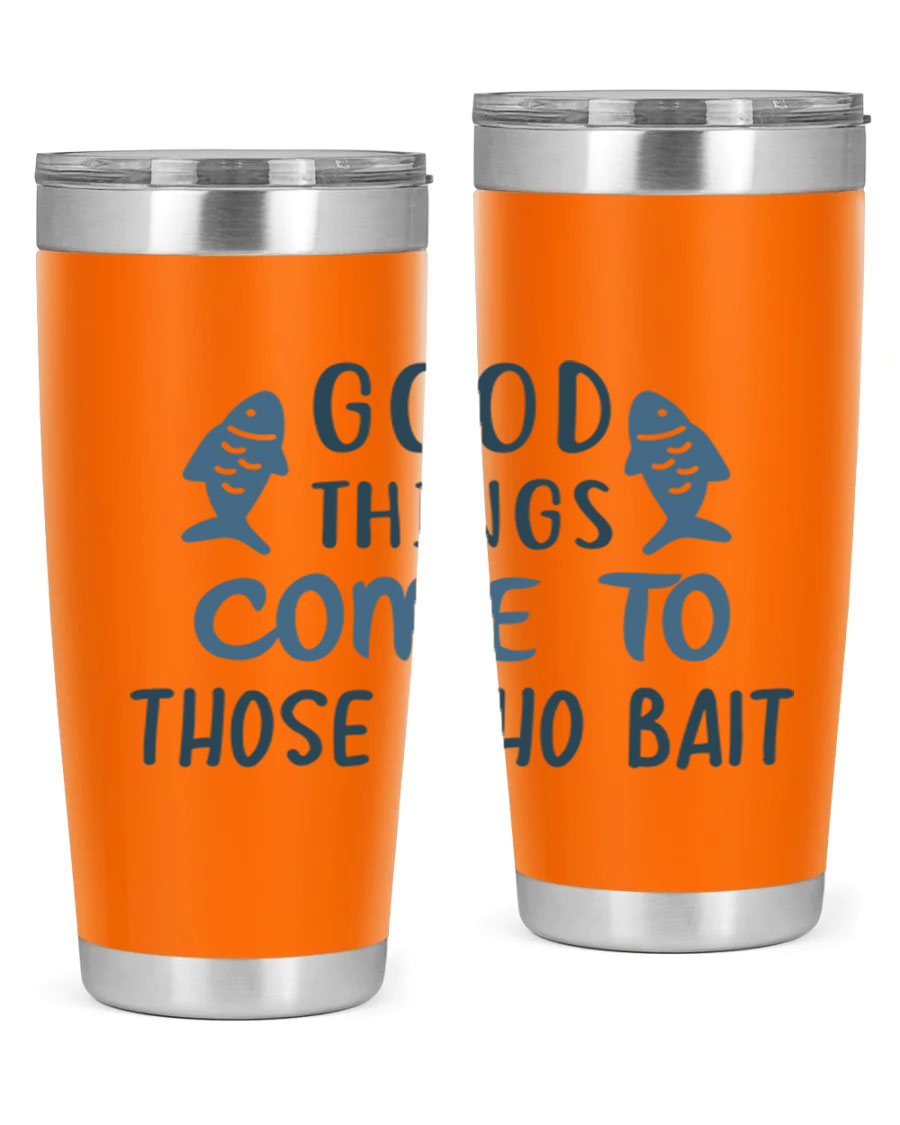 Good Things Come to 128# Fishing Tumbler in stainless steel with a drink-thru lid, showcasing its sleek design and double wall insulation.