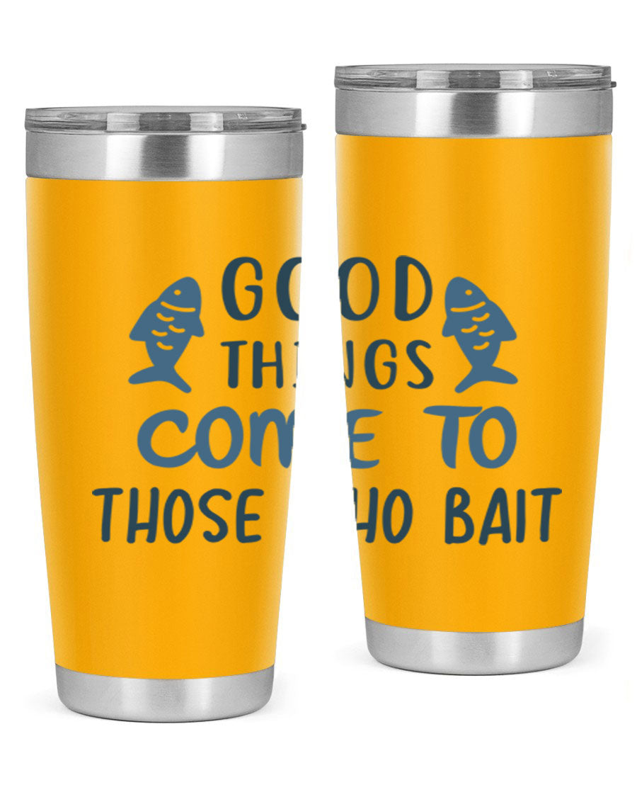 Good Things Come to 128# Fishing Tumbler in stainless steel with a drink-thru lid, showcasing its sleek design and double wall insulation.