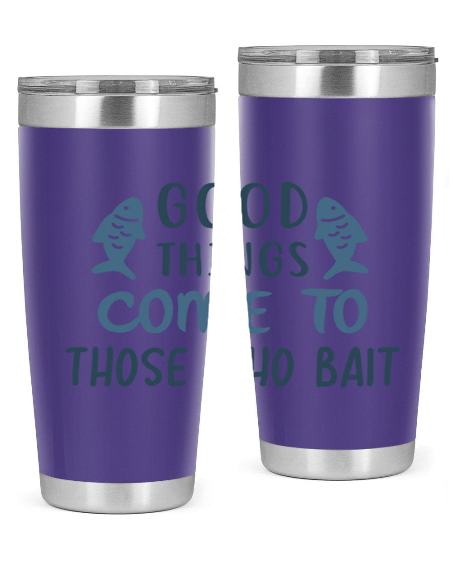 Good Things Come to 128# Fishing Tumbler in stainless steel with a drink-thru lid, showcasing its sleek design and double wall insulation.