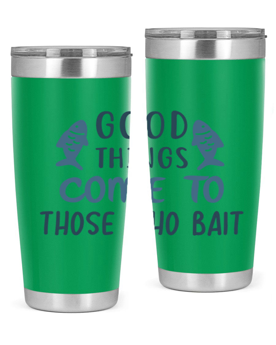 Good Things Come to 128# Fishing Tumbler in stainless steel with a drink-thru lid, showcasing its sleek design and double wall insulation.