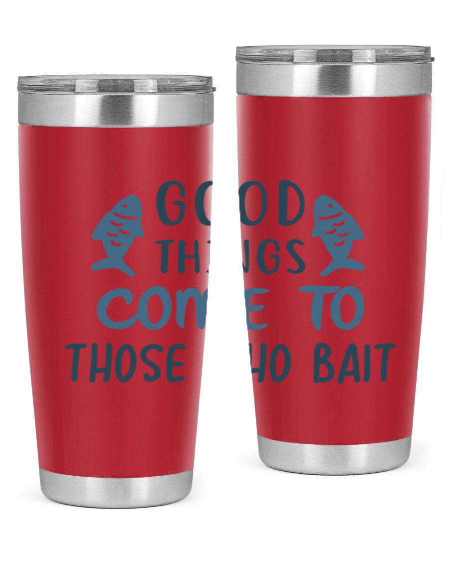 Good Things Come to 128# Fishing Tumbler in stainless steel with a drink-thru lid, showcasing its sleek design and double wall insulation.