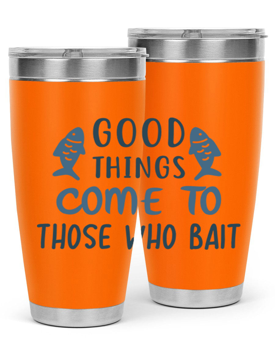 Good Things Come to 128# Fishing Tumbler in stainless steel with a drink-thru lid, showcasing its sleek design and double wall insulation.