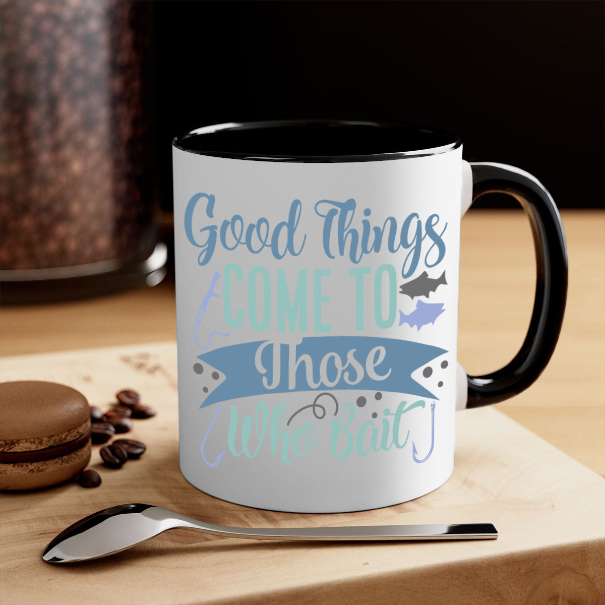 A stylish two-tone fishing mug with a glossy finish, featuring the phrase 'Good Things Come to Those Who Bait' and a comfortable C-shaped handle.