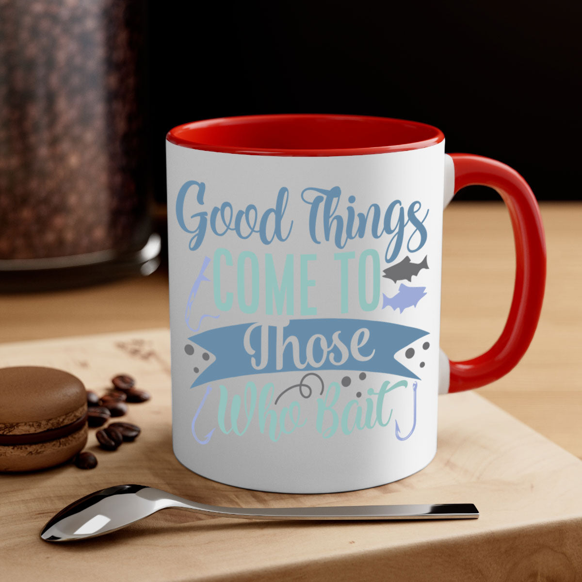 A stylish two-tone fishing mug with a glossy finish, featuring the phrase 'Good Things Come to Those Who Bait' and a comfortable C-shaped handle.