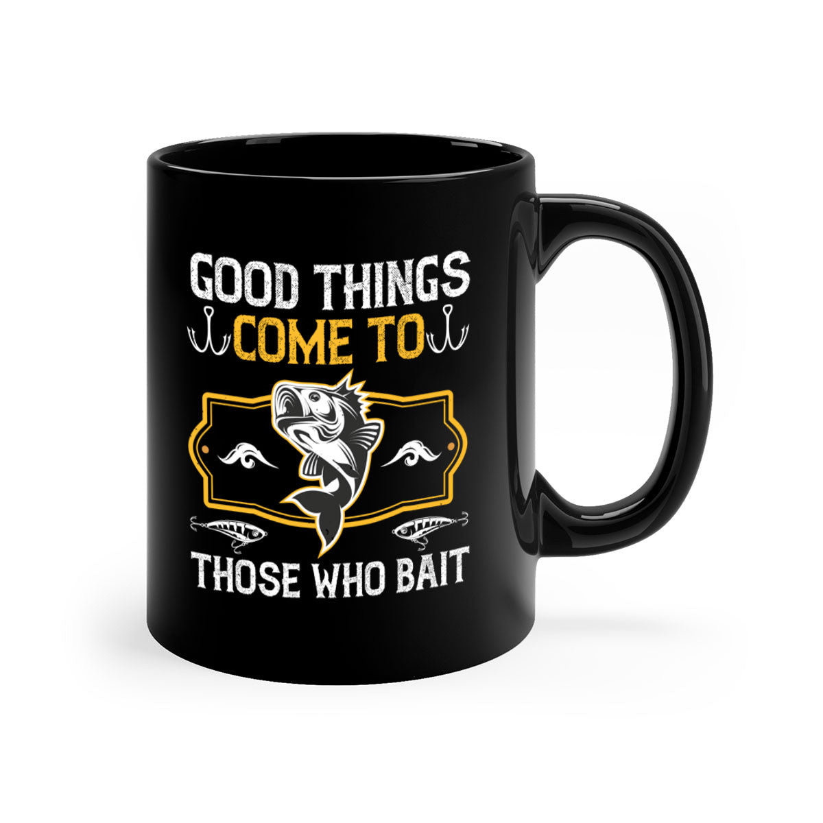 Two-tone ceramic fishing mug with a glossy finish, featuring the phrase 'Good Things Come to Those Who Bait' in a stylish font.