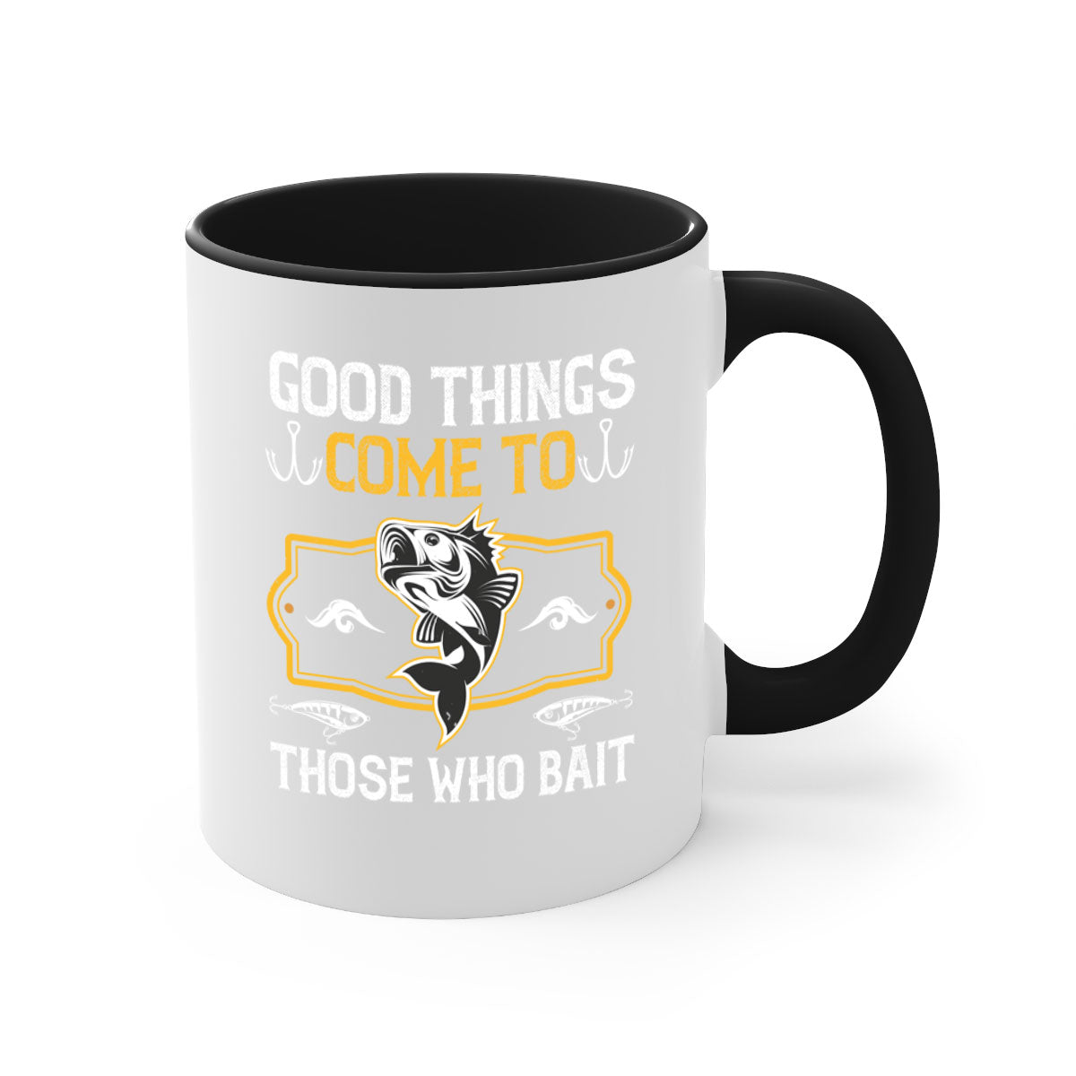 Two-tone ceramic fishing mug with a glossy finish, featuring the phrase 'Good Things Come to Those Who Bait' in a stylish font.
