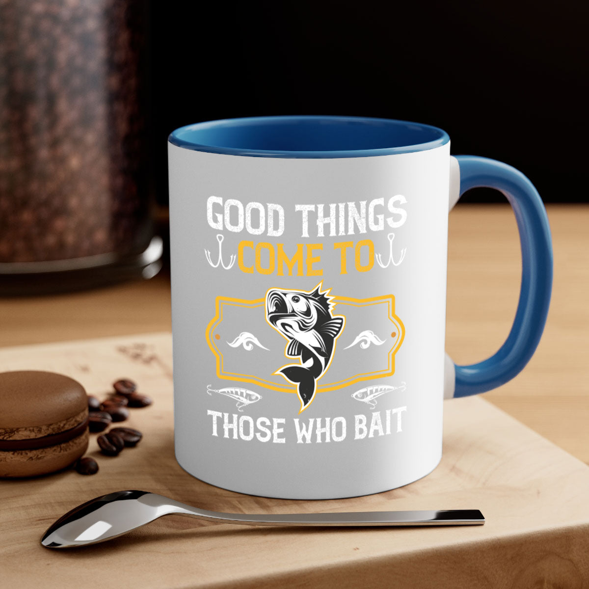 Two-tone ceramic fishing mug with a glossy finish, featuring the phrase 'Good Things Come to Those Who Bait' in a stylish font.