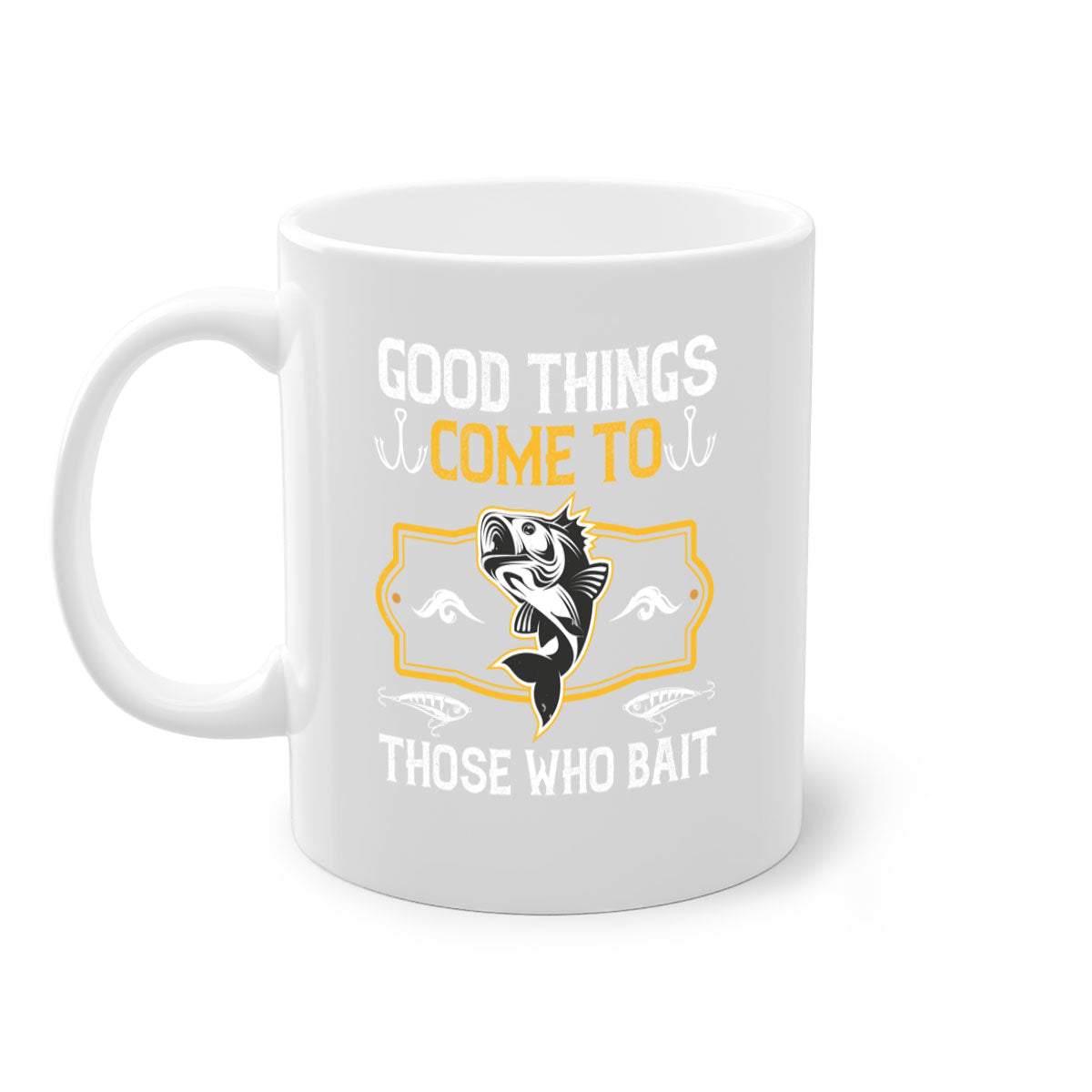 Two-tone ceramic fishing mug with a glossy finish, featuring the phrase 'Good Things Come to Those Who Bait' in a stylish font.