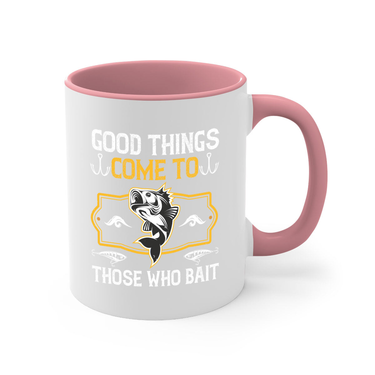 Two-tone ceramic fishing mug with a glossy finish, featuring the phrase 'Good Things Come to Those Who Bait' in a stylish font.