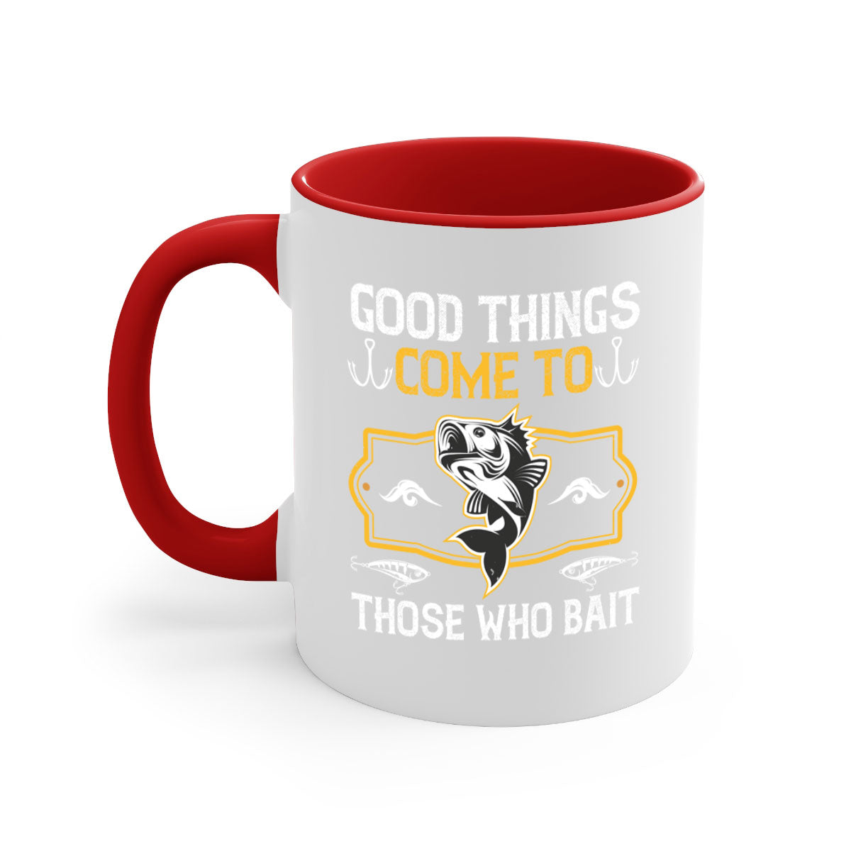 Two-tone ceramic fishing mug with a glossy finish, featuring the phrase 'Good Things Come to Those Who Bait' in a stylish font.