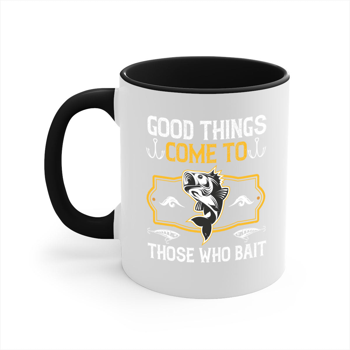 Two-tone ceramic fishing mug with a glossy finish, featuring the phrase 'Good Things Come to Those Who Bait' in a stylish font.
