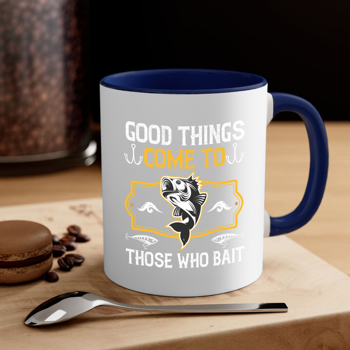 Two-tone ceramic fishing mug with a glossy finish, featuring the phrase 'Good Things Come to Those Who Bait' in a stylish font.