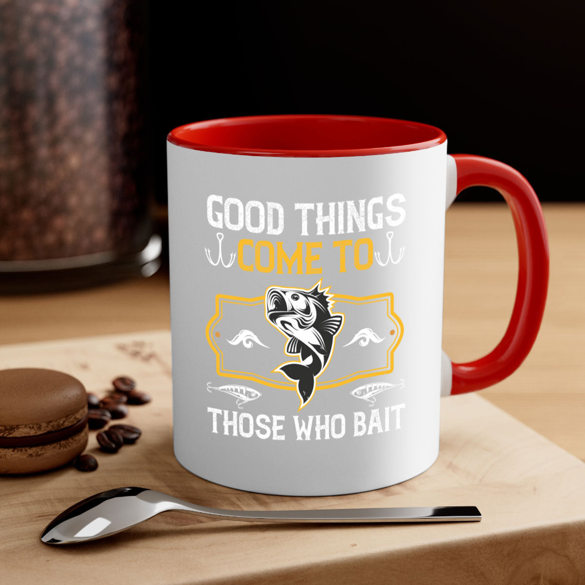 Two-tone ceramic fishing mug with a glossy finish, featuring the phrase 'Good Things Come to Those Who Bait' in a stylish font.