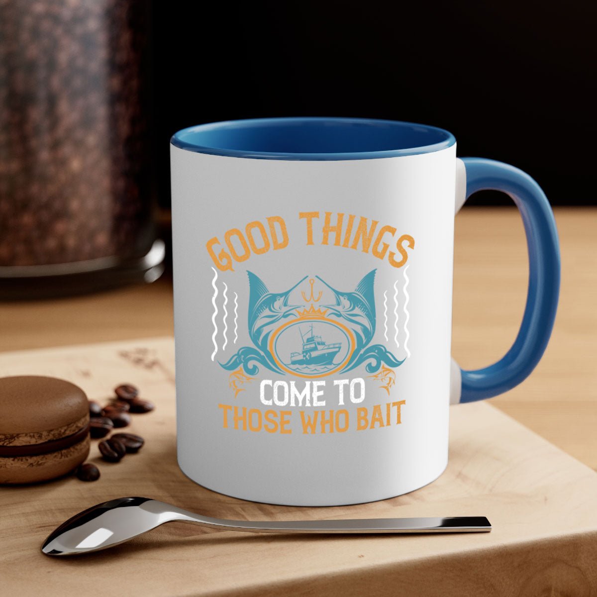 Good Things Come to Those Who Bait Fishing Mug with glossy finish and colored handle, available in multiple colors and sizes.