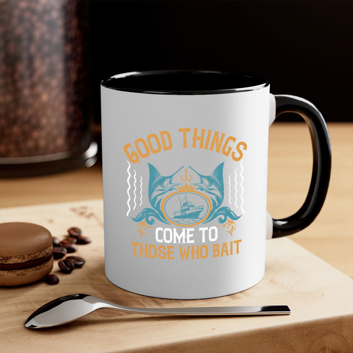 Good Things Come to Those Who Bait Fishing Mug with glossy finish and colored handle, available in multiple colors and sizes.