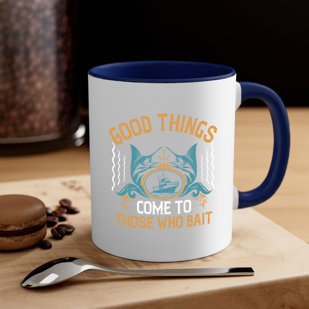 Good Things Come to Those Who Bait Fishing Mug with glossy finish and colored handle, available in multiple colors and sizes.