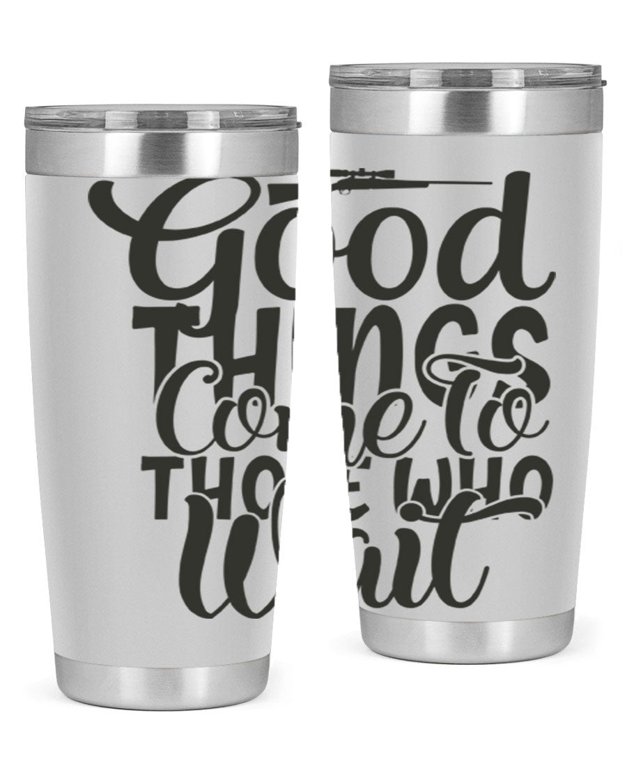 Good Things Come to Those Who Wait 12# Tumbler in stainless steel with a drink-thru lid, showcasing its sleek design and vibrant print.