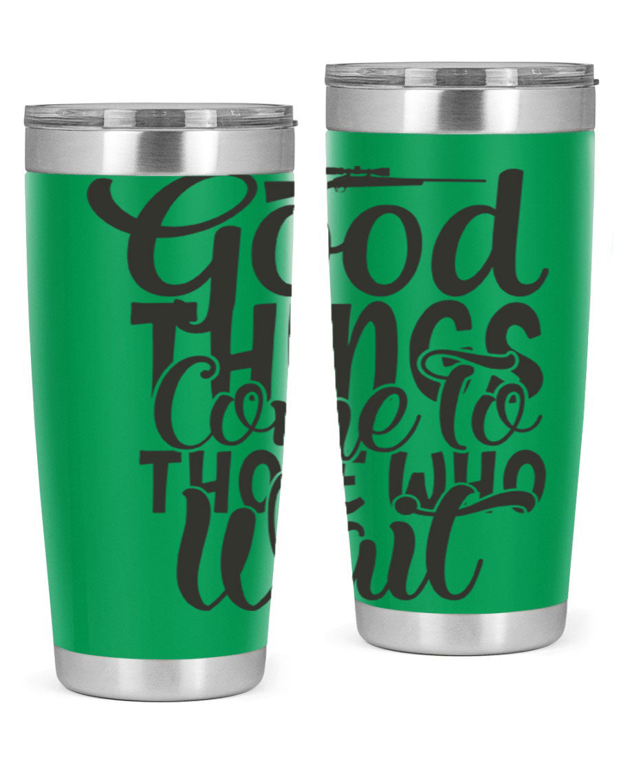 Good Things Come to Those Who Wait 12# Tumbler in stainless steel with a drink-thru lid, showcasing its sleek design and vibrant print.