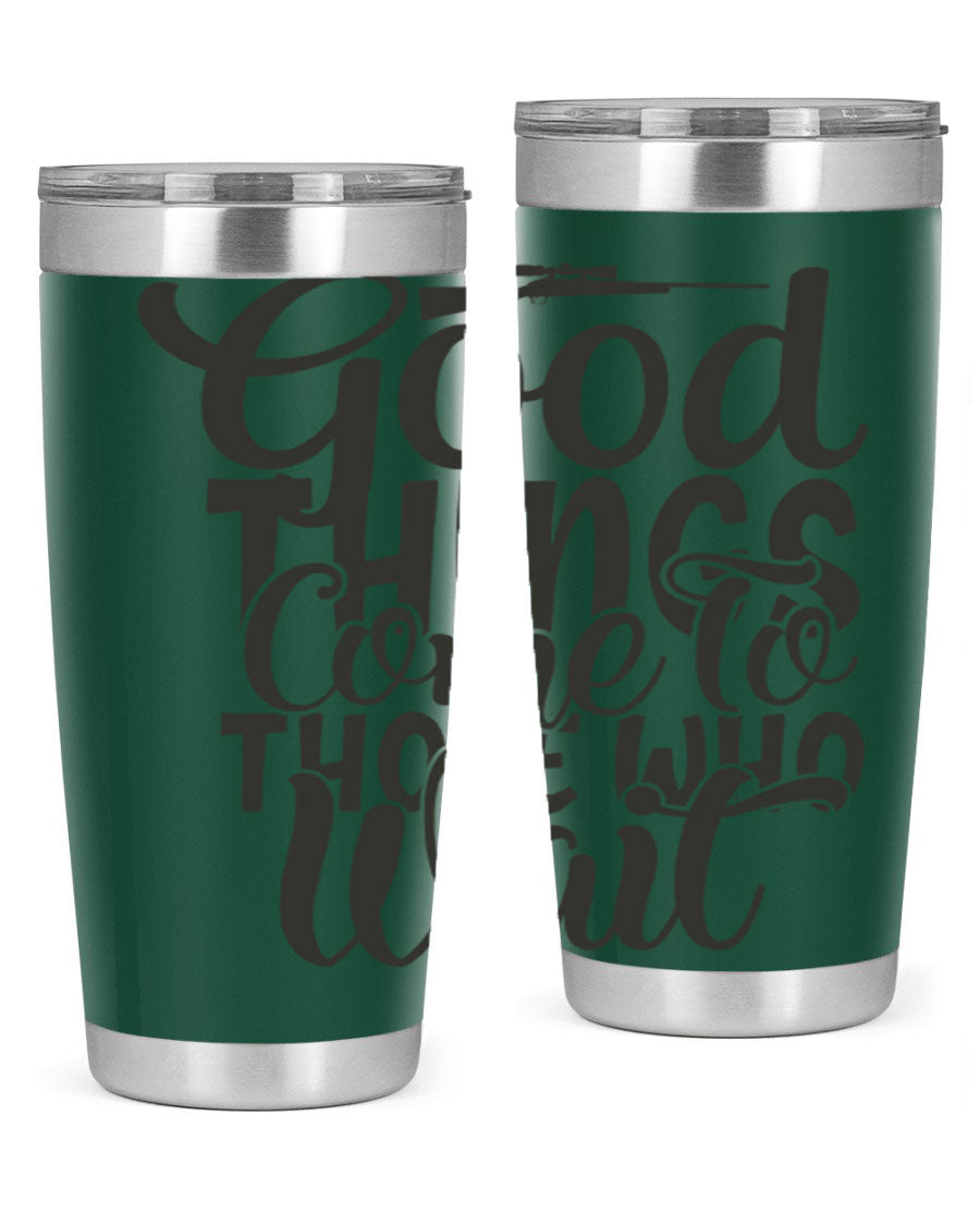 Good Things Come to Those Who Wait 12# Tumbler in stainless steel with a drink-thru lid, showcasing its sleek design and vibrant print.