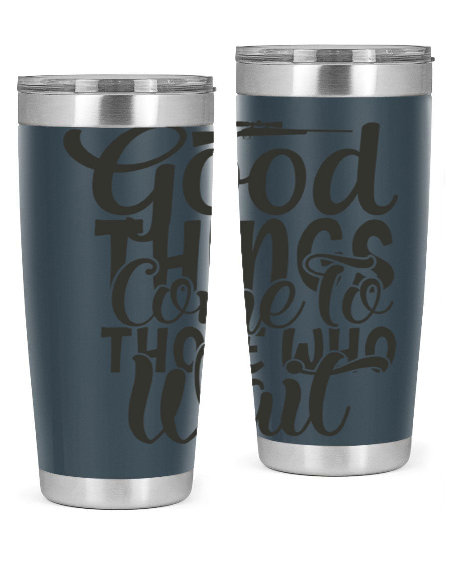 Good Things Come to Those Who Wait 12# Tumbler in stainless steel with a drink-thru lid, showcasing its sleek design and vibrant print.