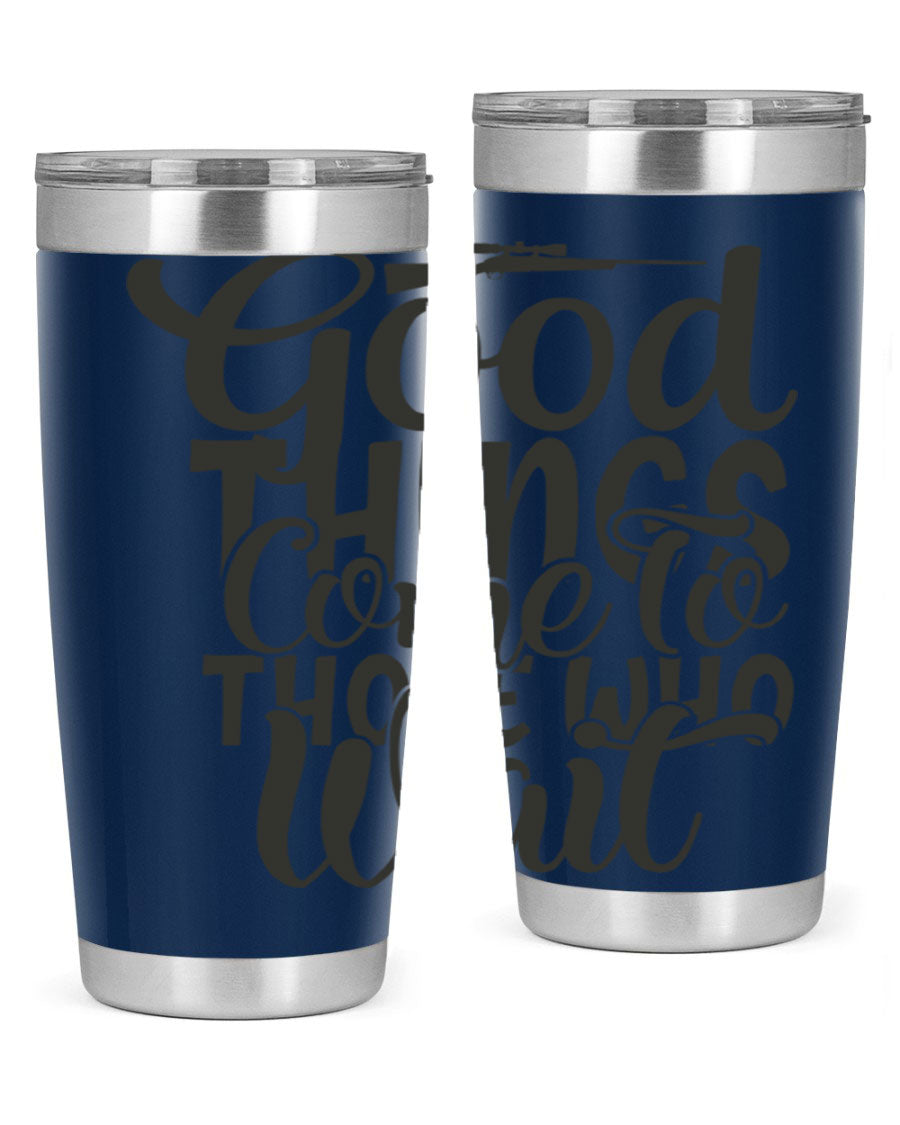 Good Things Come to Those Who Wait 12# Tumbler in stainless steel with a drink-thru lid, showcasing its sleek design and vibrant print.