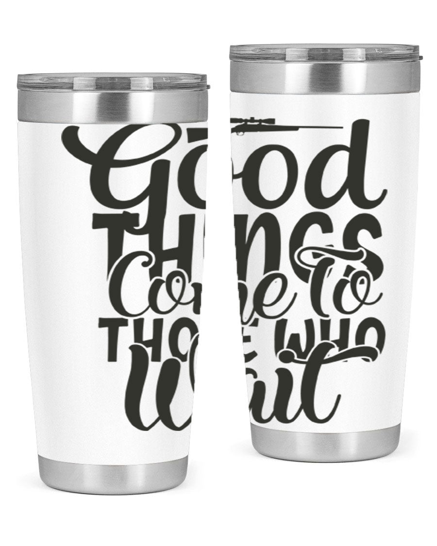 Good Things Come to Those Who Wait 12# Tumbler in stainless steel with a drink-thru lid, showcasing its sleek design and vibrant print.
