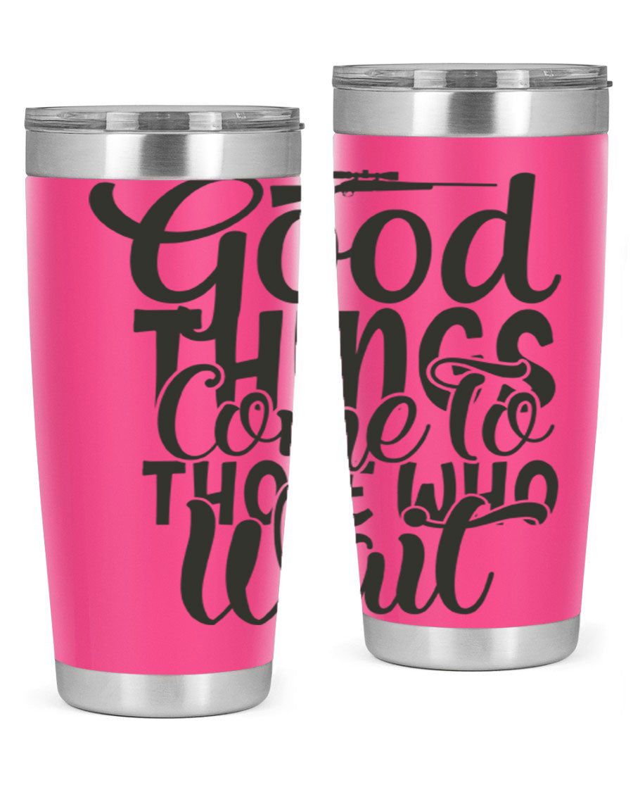 Good Things Come to Those Who Wait 12# Tumbler in stainless steel with a drink-thru lid, showcasing its sleek design and vibrant print.