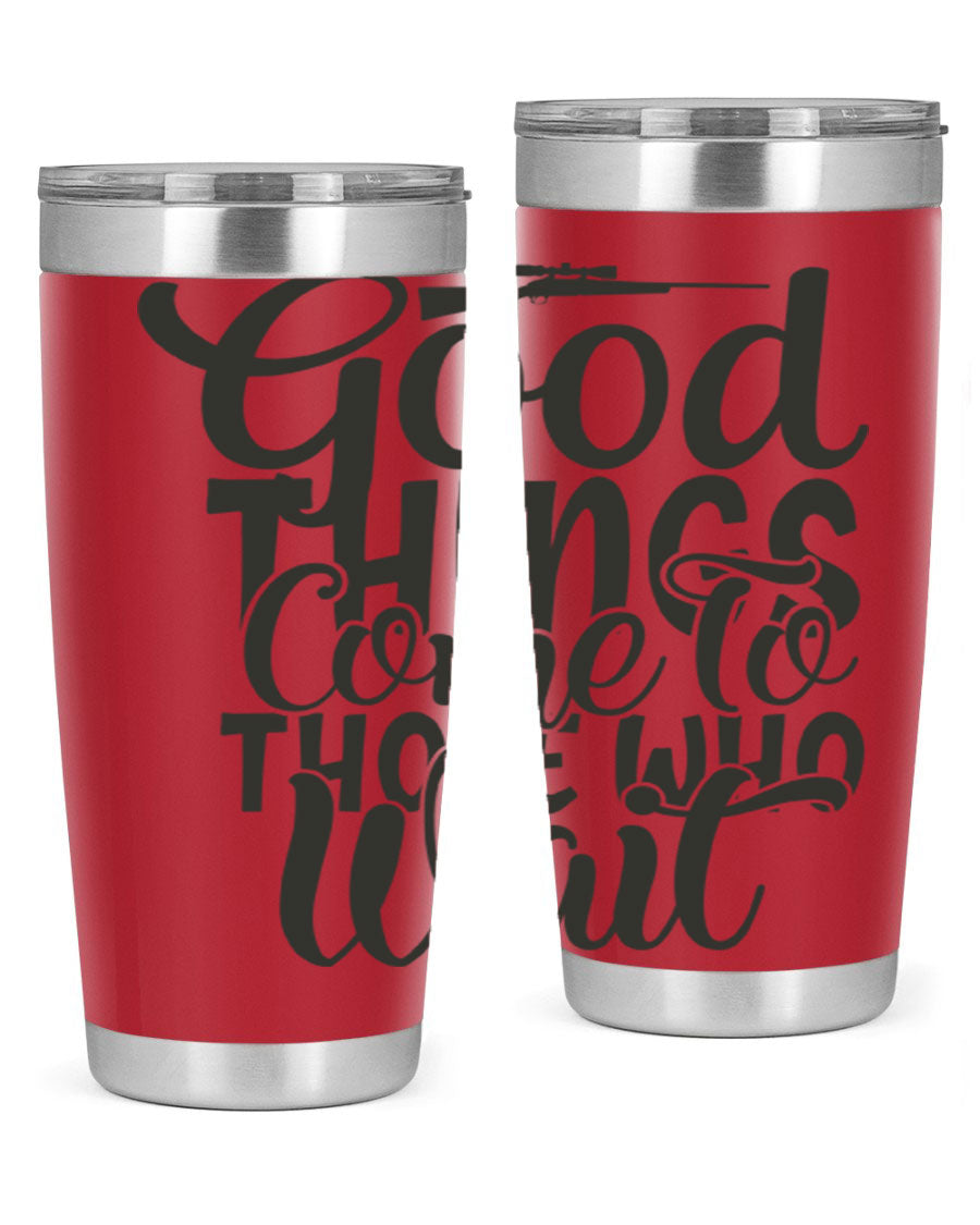 Good Things Come to Those Who Wait 12# Tumbler in stainless steel with a drink-thru lid, showcasing its sleek design and vibrant print.