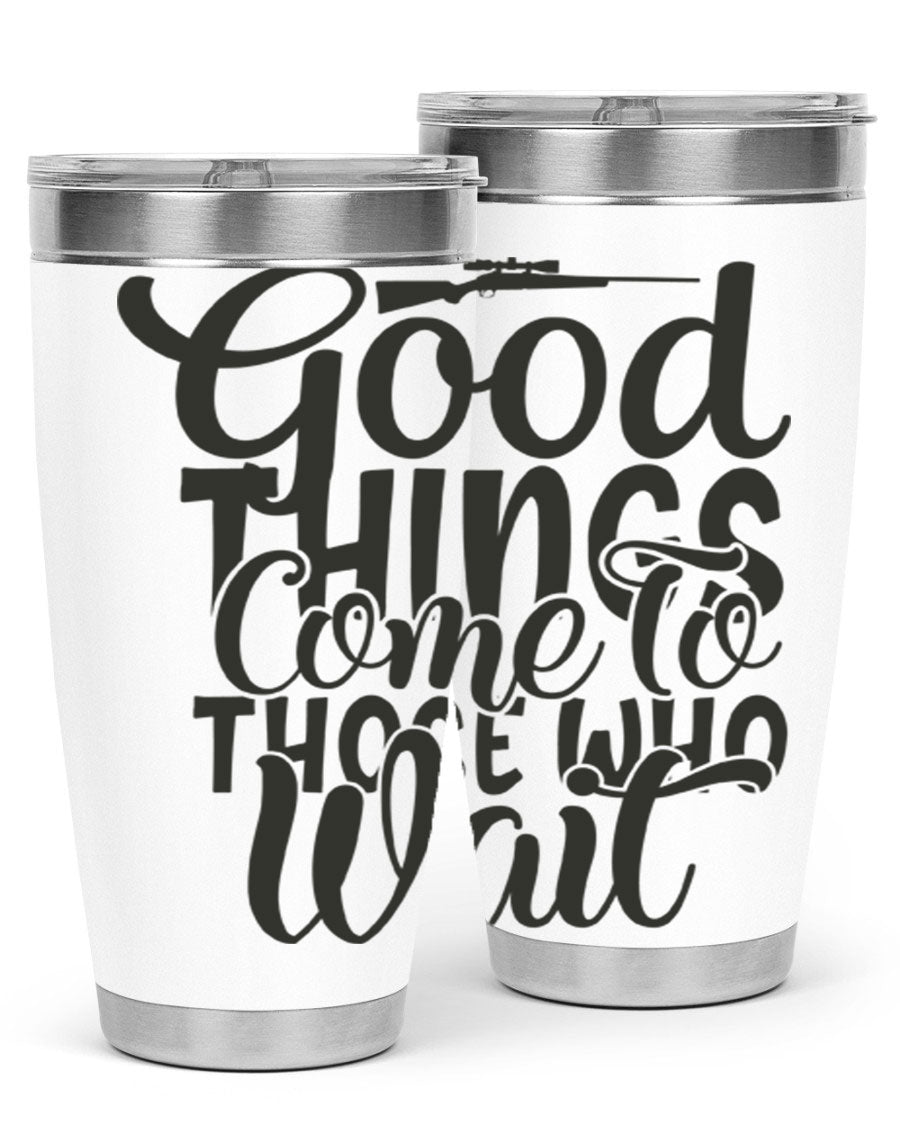 Good Things Come to Those Who Wait 12# Tumbler in stainless steel with a drink-thru lid, showcasing its sleek design and vibrant print.