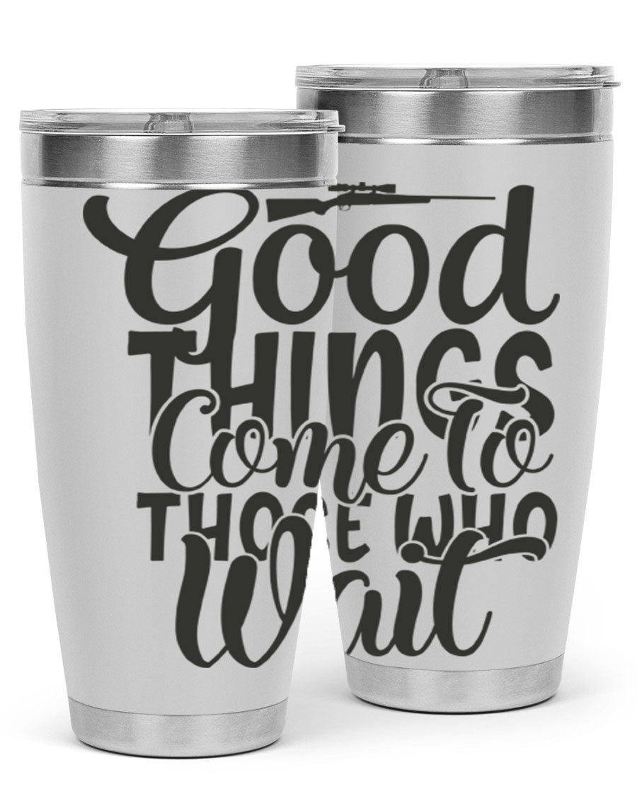 Good Things Come to Those Who Wait 12# Tumbler in stainless steel with a drink-thru lid, showcasing its sleek design and vibrant print.