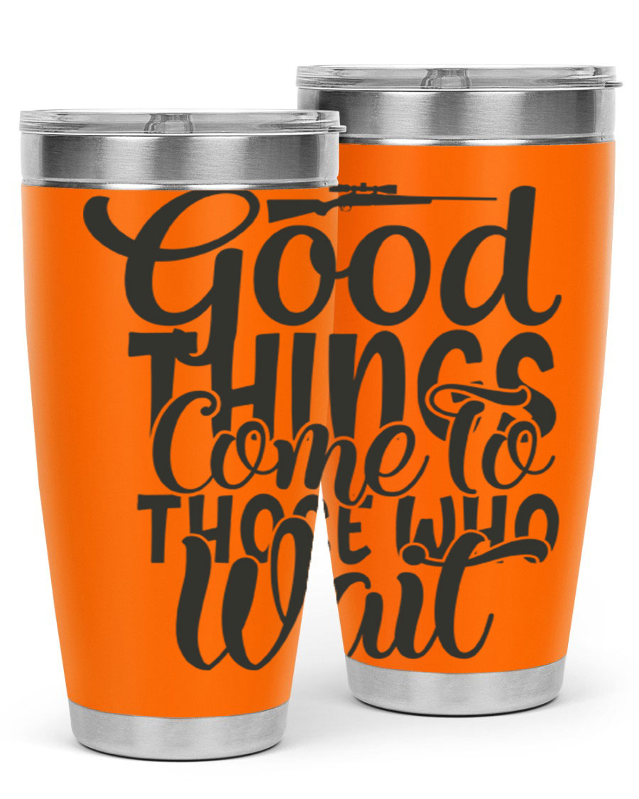Good Things Come to Those Who Wait 12# Tumbler in stainless steel with a drink-thru lid, showcasing its sleek design and vibrant print.