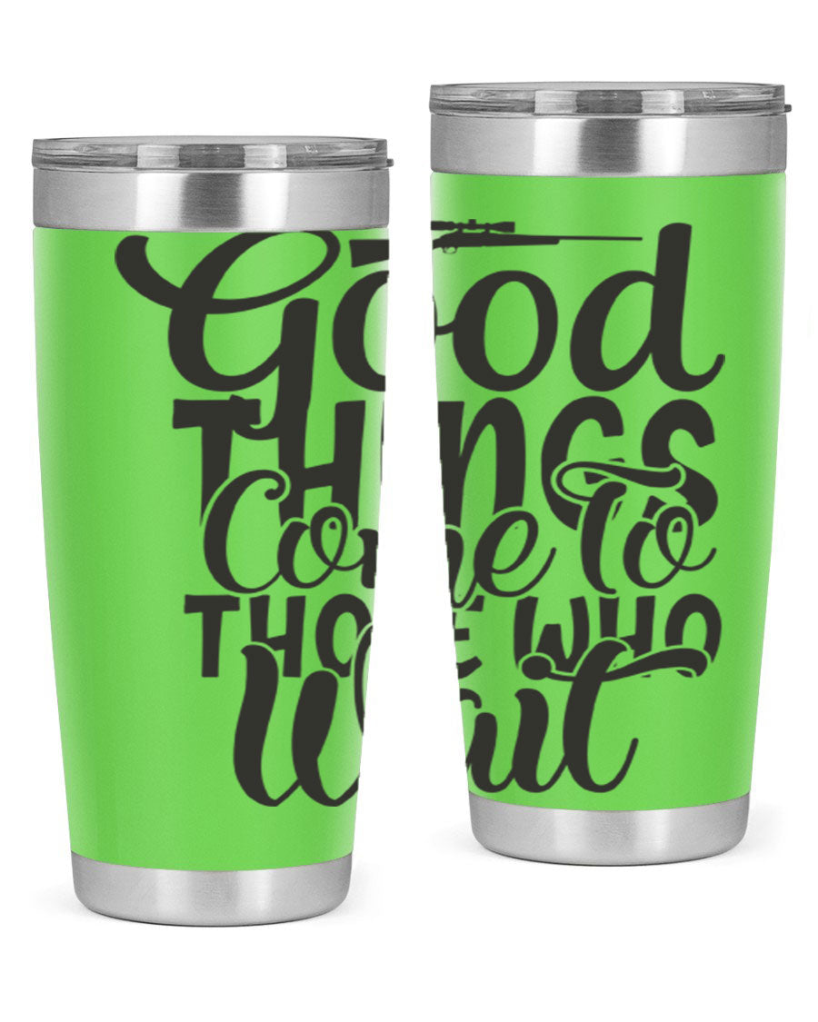Good Things Come to Those Who Wait 12# Tumbler in stainless steel with a drink-thru lid, showcasing its sleek design and vibrant print.