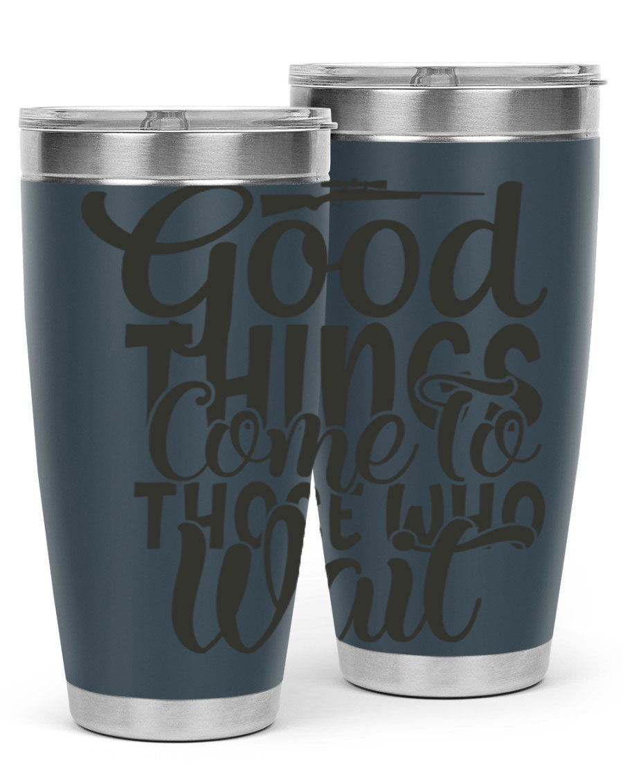 Good Things Come to Those Who Wait 12# Tumbler in stainless steel with a drink-thru lid, showcasing its sleek design and vibrant print.
