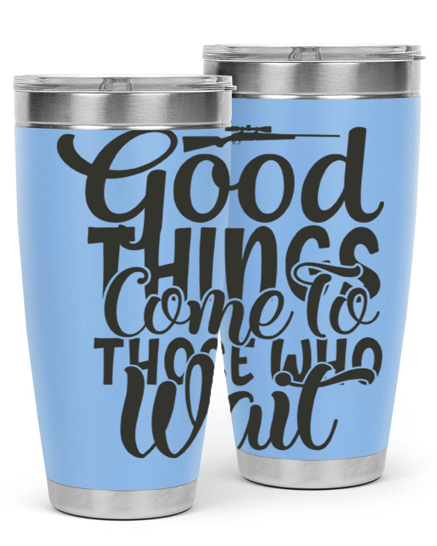 Good Things Come to Those Who Wait 12# Tumbler in stainless steel with a drink-thru lid, showcasing its sleek design and vibrant print.