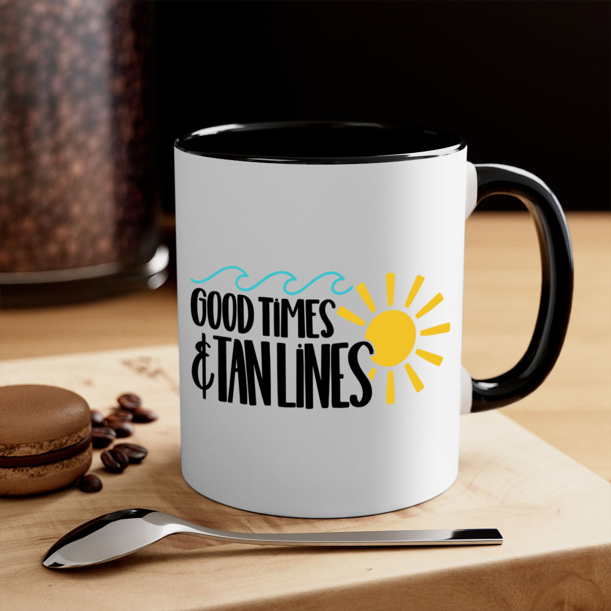 Good Times Tan Lines Style 43# Summer Mug with colorful handle and glossy finish, available in multiple colors.