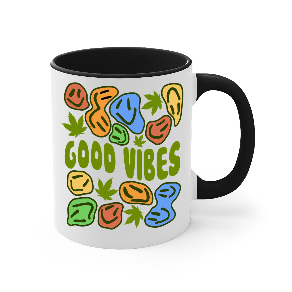 Good Vibes 94# Mug with colorful handle and glossy finish, available in multiple colors and sizes.