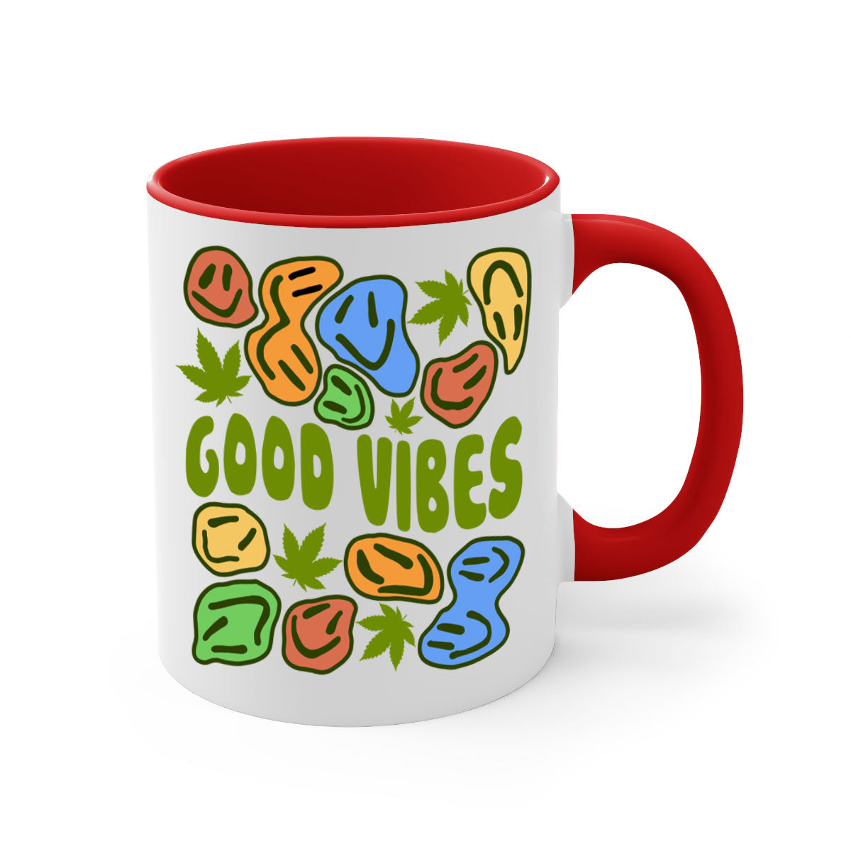 Good Vibes 94# Mug with colorful handle and glossy finish, available in multiple colors and sizes.