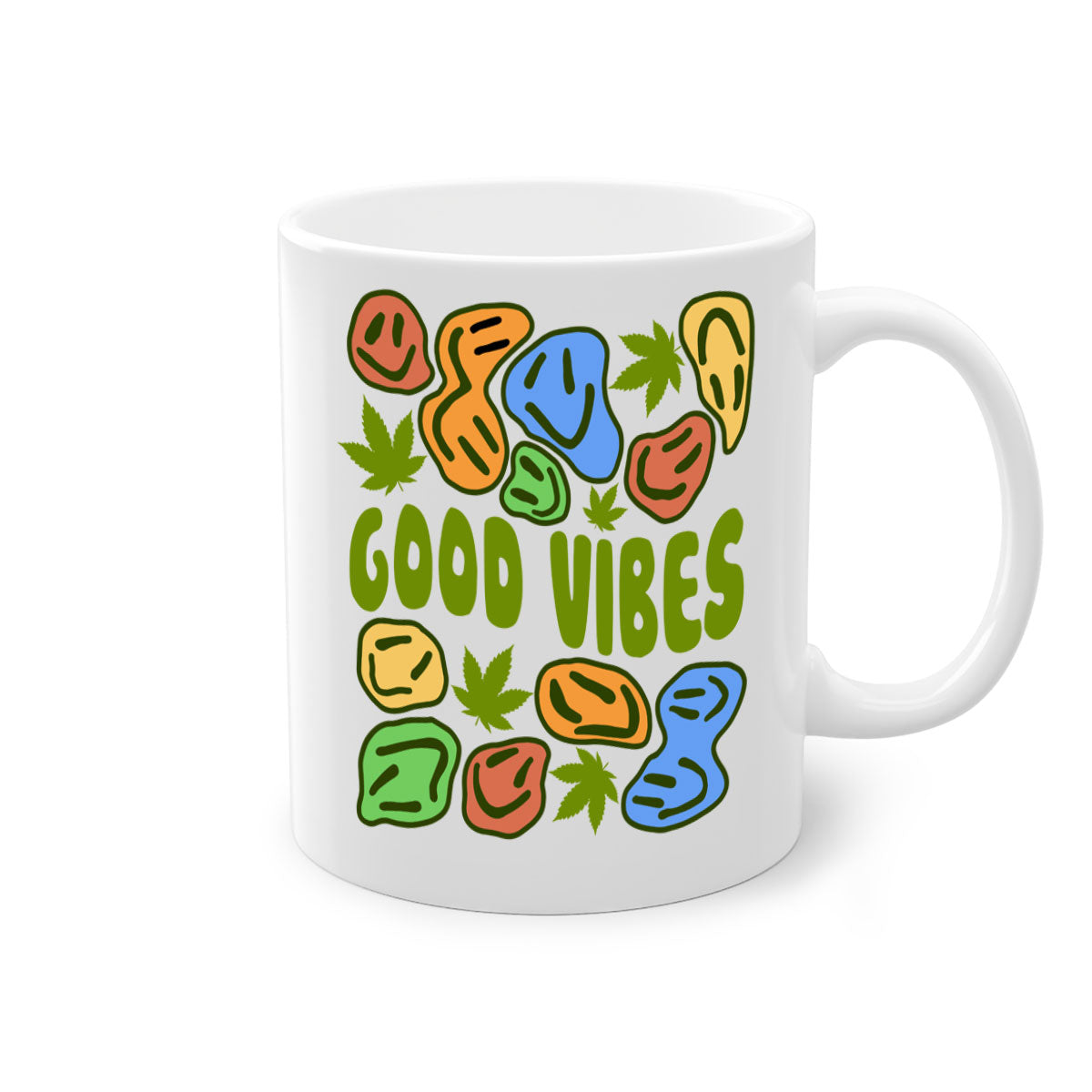 Good Vibes 94# Mug with colorful handle and glossy finish, available in multiple colors and sizes.