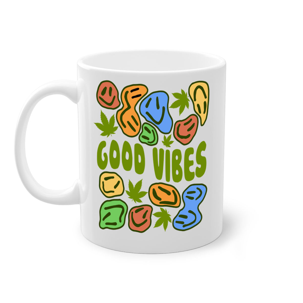 Good Vibes 94# Mug with colorful handle and glossy finish, available in multiple colors and sizes.