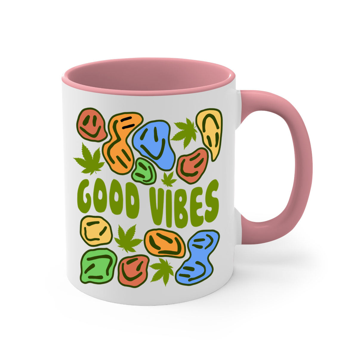 Good Vibes 94# Mug with colorful handle and glossy finish, available in multiple colors and sizes.