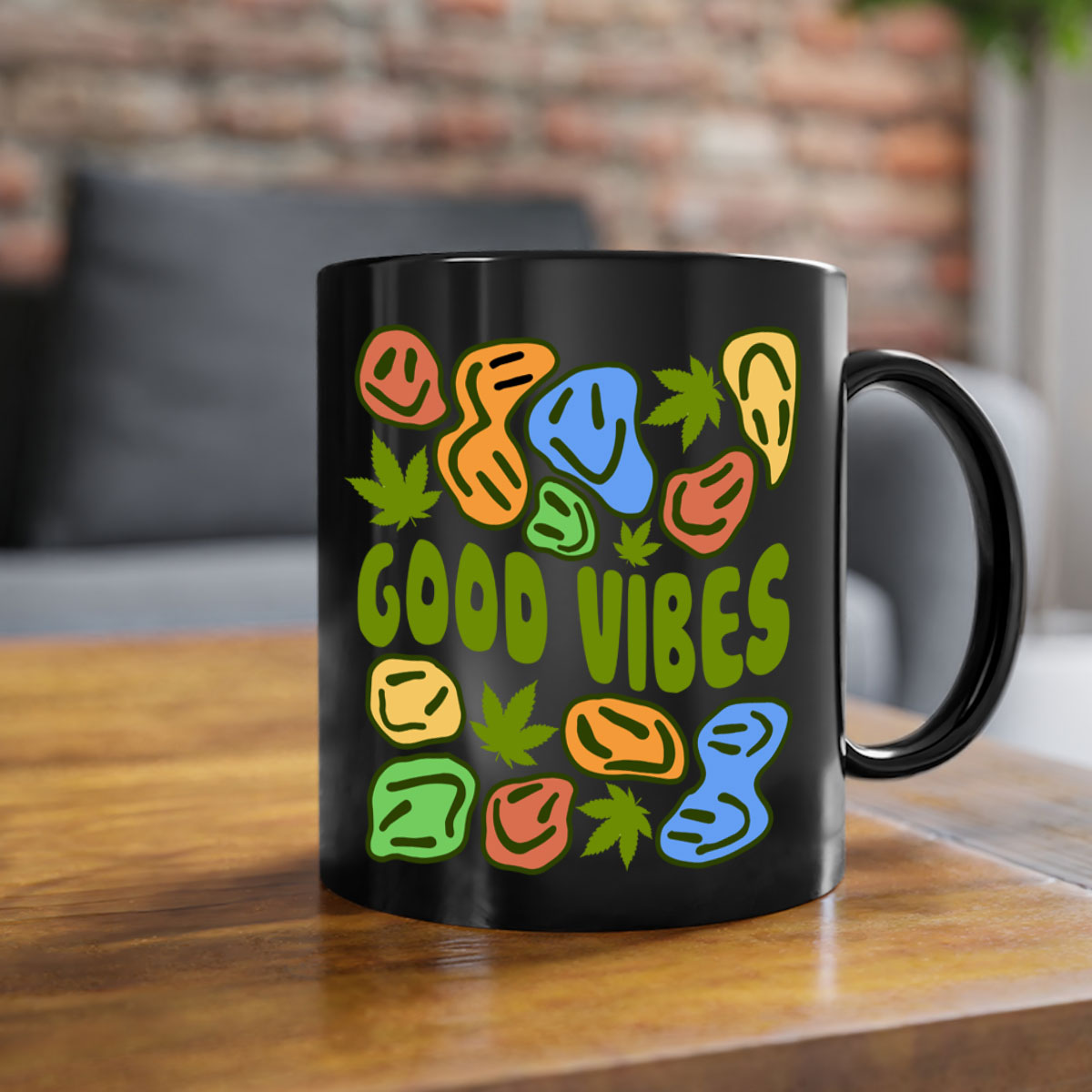 Good Vibes 94# Mug with colorful handle and glossy finish, available in multiple colors and sizes.