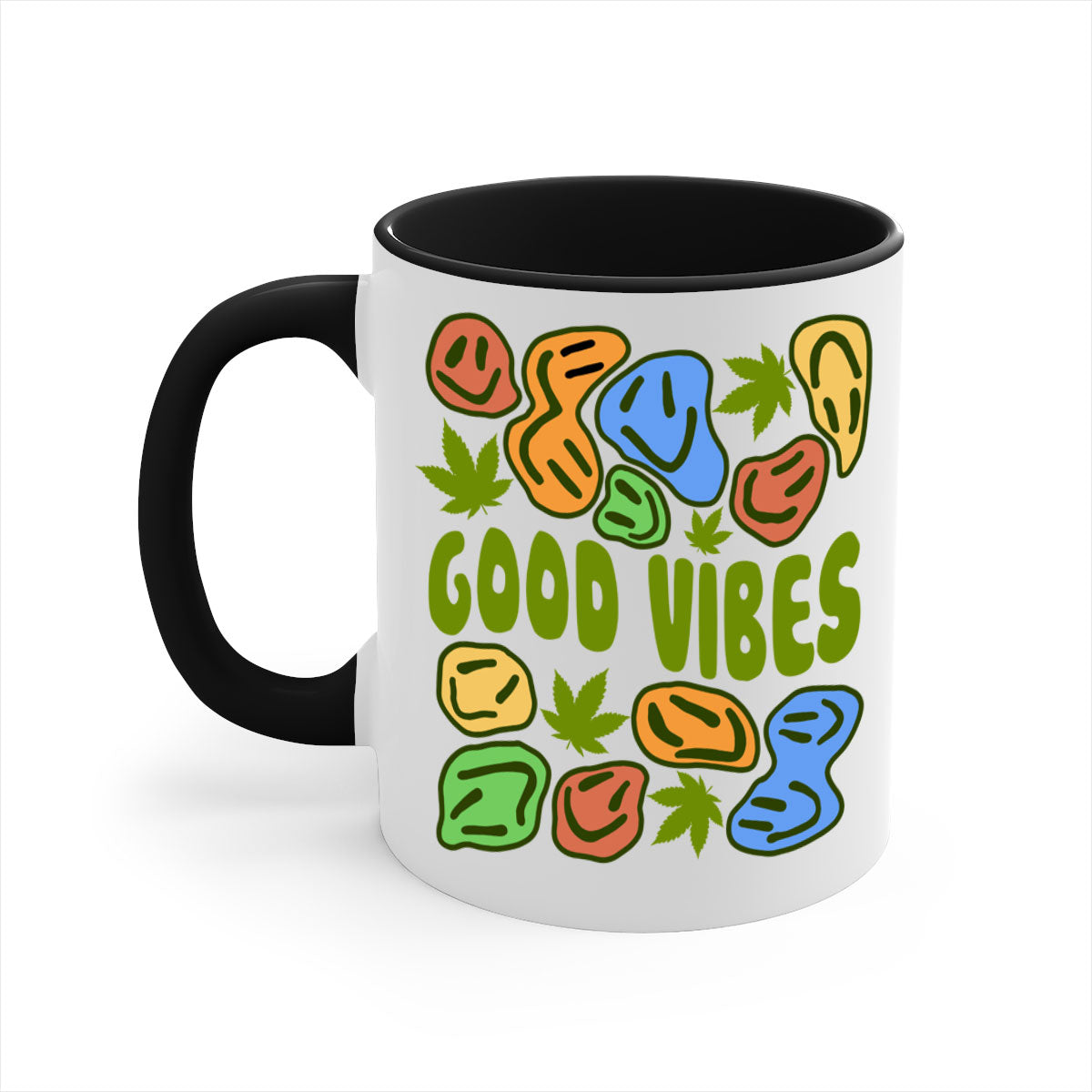 Good Vibes 94# Mug with colorful handle and glossy finish, available in multiple colors and sizes.