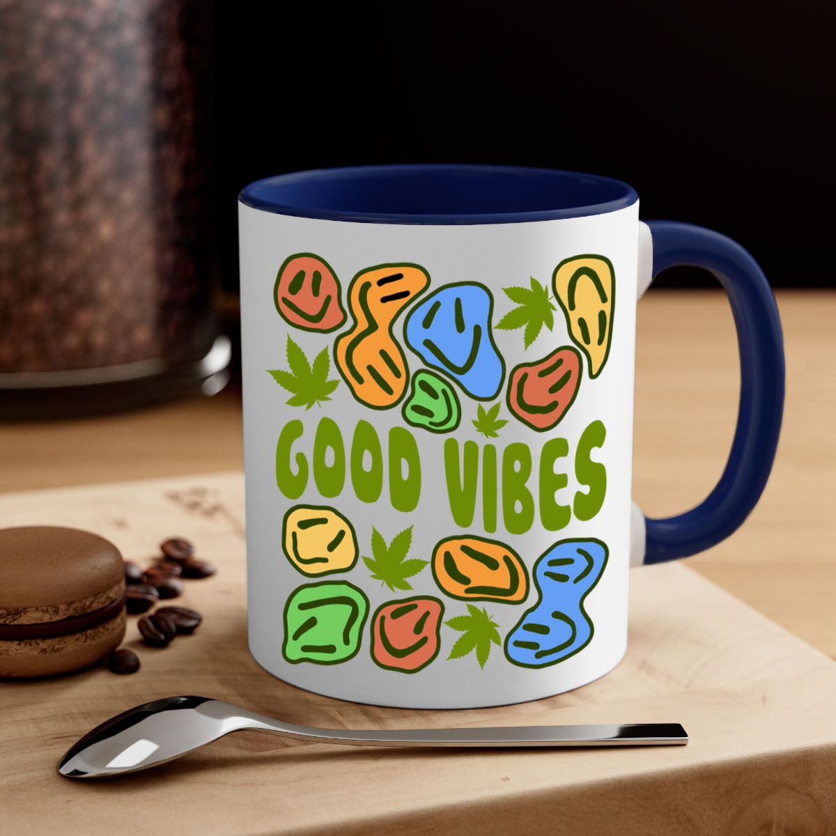 Good Vibes 94# Mug with colorful handle and glossy finish, available in multiple colors and sizes.