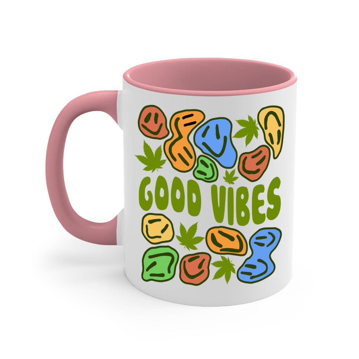 Good Vibes 94# Mug with colorful handle and glossy finish, available in multiple colors and sizes.