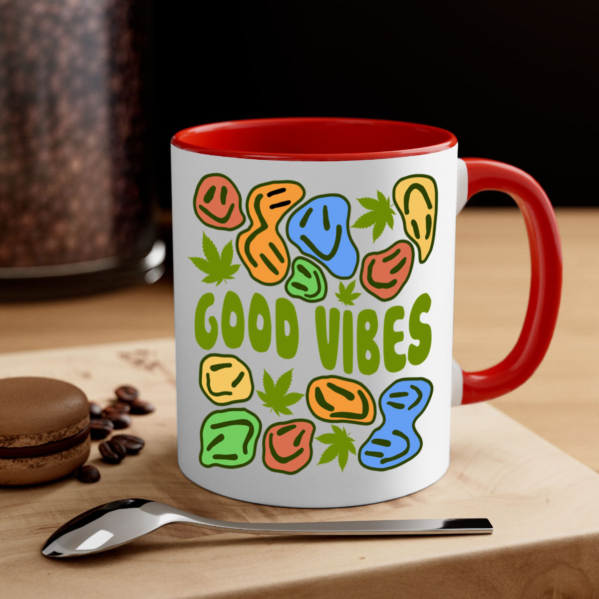 Good Vibes 94# Mug with colorful handle and glossy finish, available in multiple colors and sizes.