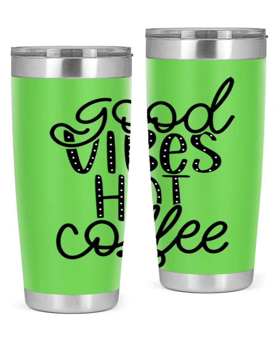 Good Vibes Hot Coffee Tumbler in stainless steel with a vibrant design, showcasing its double wall vacuum insulation and drink-thru lid.