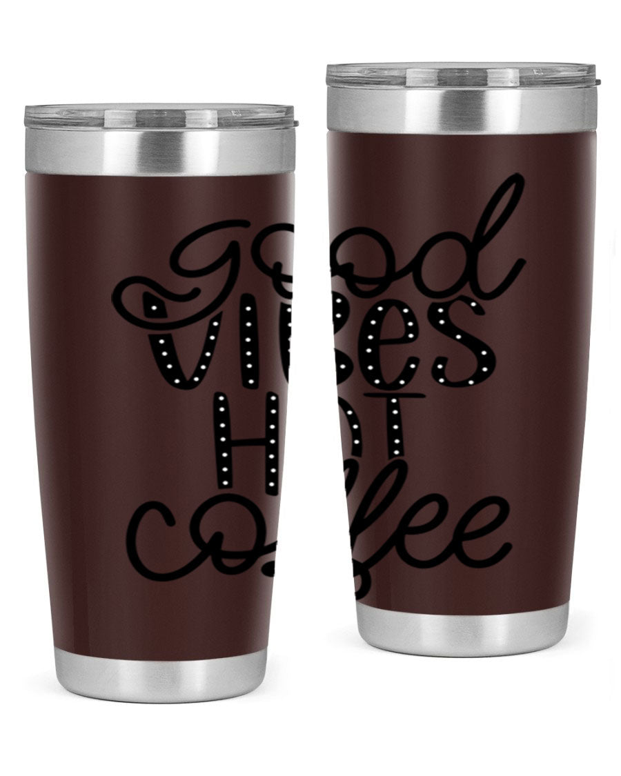 Good Vibes Hot Coffee Tumbler in stainless steel with a vibrant design, showcasing its double wall vacuum insulation and drink-thru lid.
