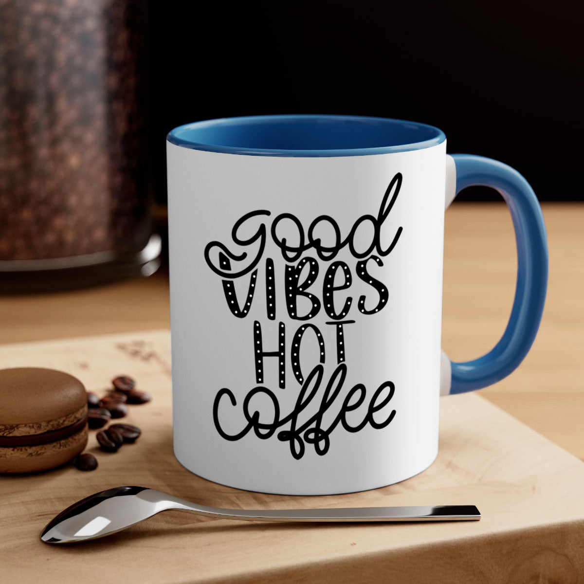Good Vibes Hot Coffee Mug in five vibrant colors with a glossy finish and easy-grip handle.