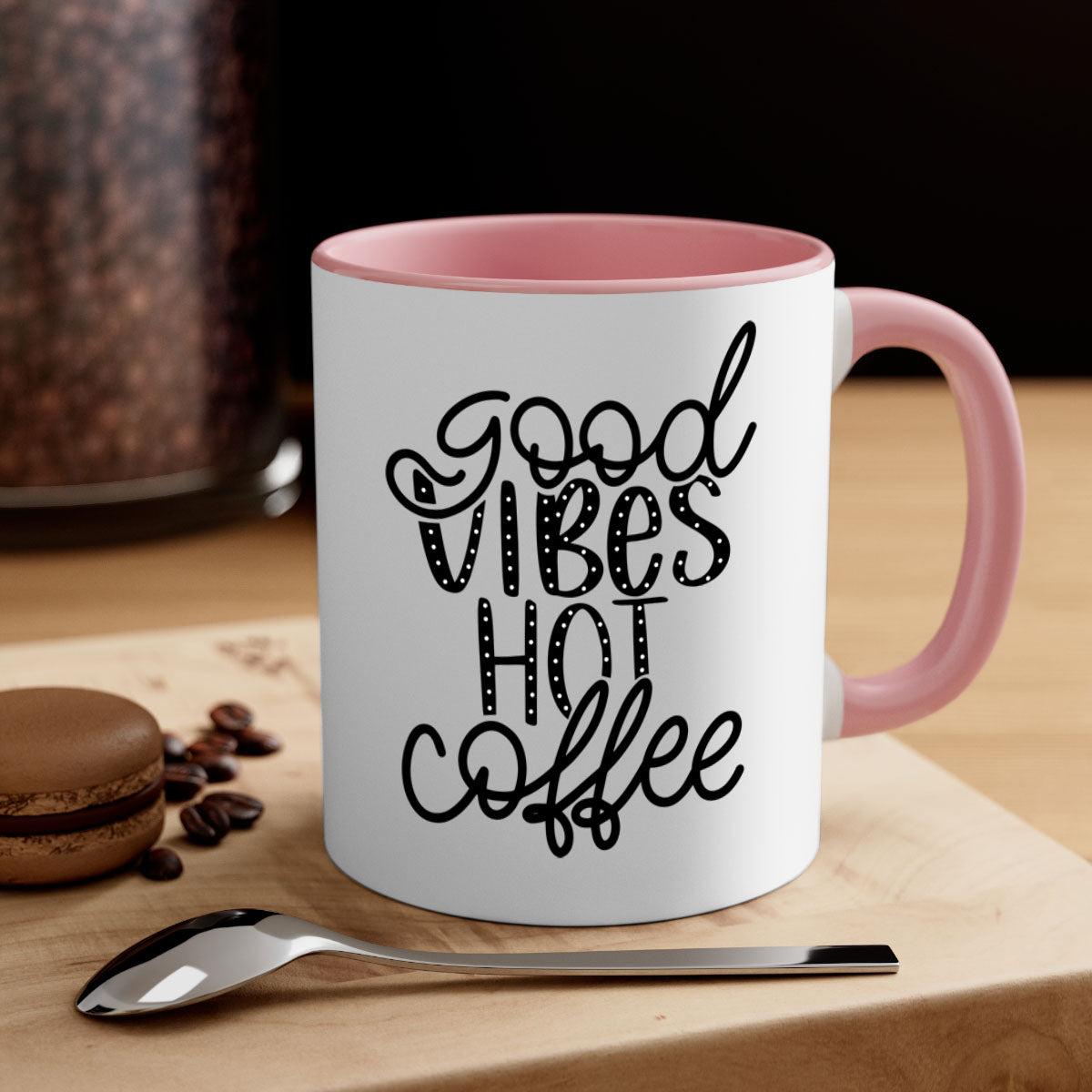 Good Vibes Hot Coffee Mug in five vibrant colors with a glossy finish and easy-grip handle.