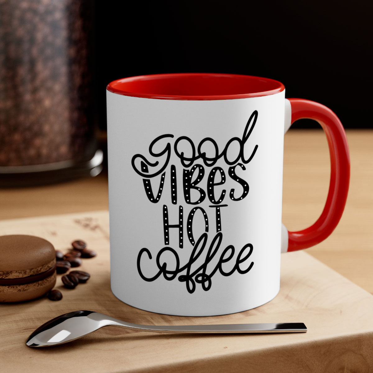 Good Vibes Hot Coffee Mug in five vibrant colors with a glossy finish and easy-grip handle.